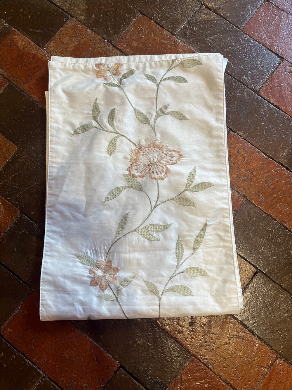 72“ x 13“ table runner embroidered floral beige, brown, green and ivory 2323